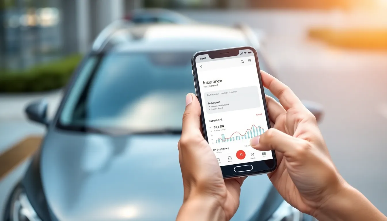 A driver comparing auto insurance quotes on a phone beside a parked car
